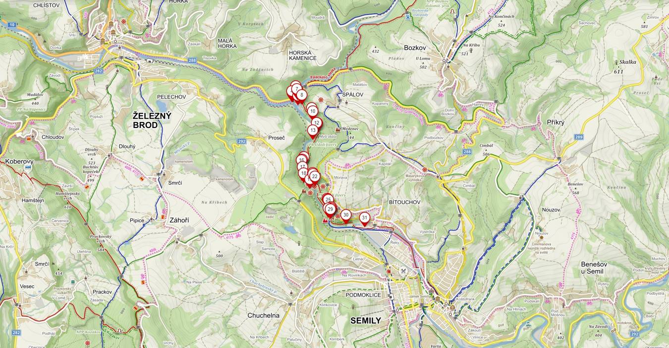 Obrázek mapy s jednotlivými číselnými body na trase Riegrovy stezky. © Zdroj: Mapy.cz.