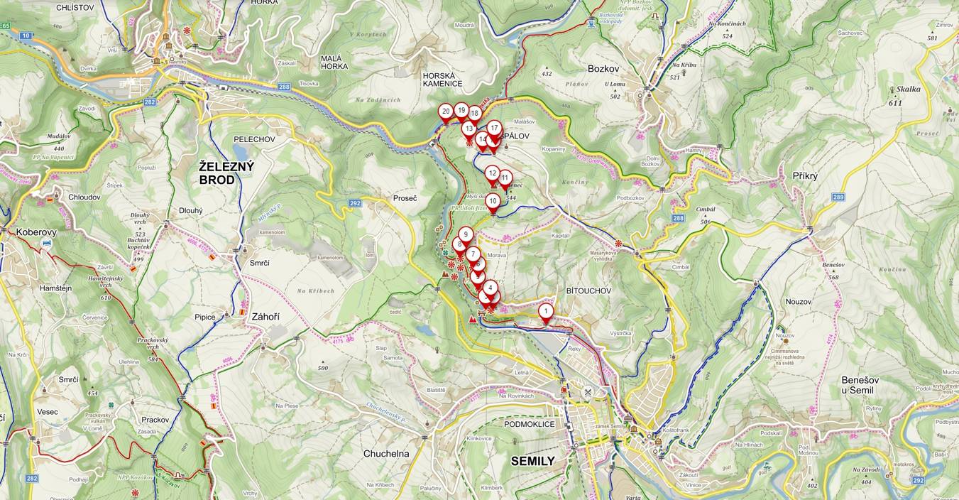 Obrázek mapy s jednotlivými číselnými body na trase Kamenického stezky. © Zdroj: Mapy.cz.